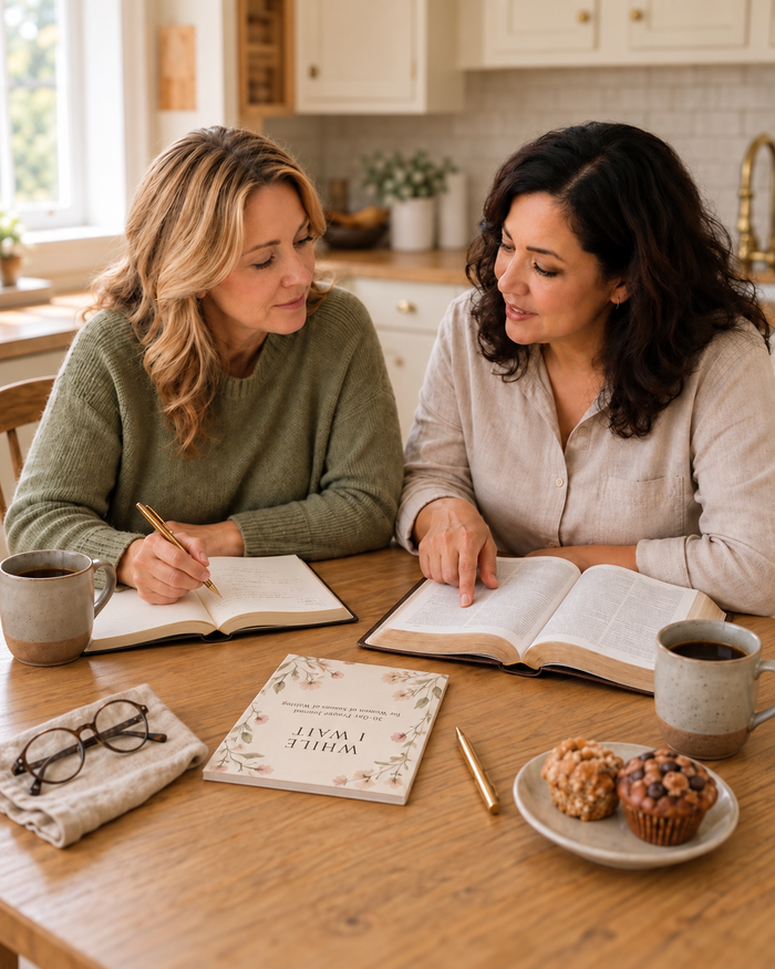 Two women studying the Bible together at a kitchen table