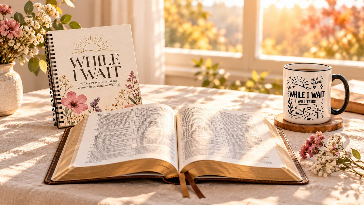 Open Bible on a sunlit table beside the While I Wait prayer journal and a While I Wait, I Will Trust mug, for Bible verses about waiting on God