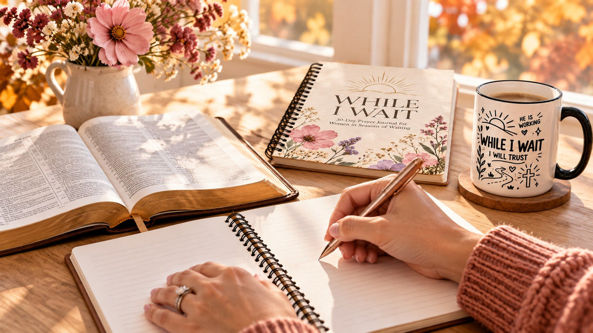 Woman journaling prayers while she waits, with an open Bible, the While I Wait prayer journal and a While I Wait, I Will Trust mug on a sunny table