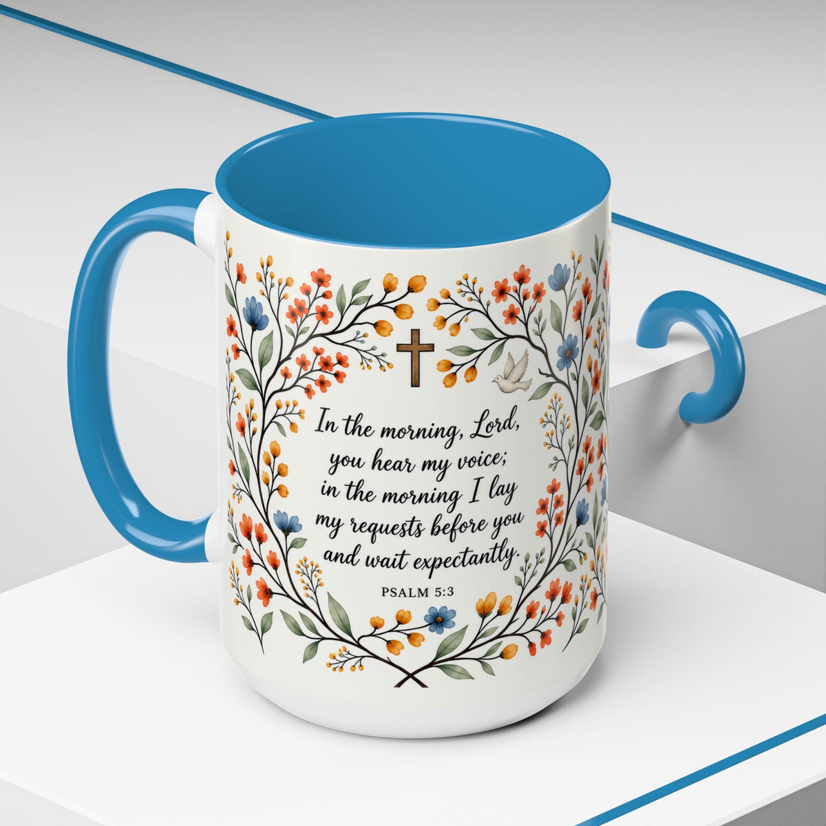 Mug choice: Psalm 5:3 floral morning prayer mug with blue interior and handle