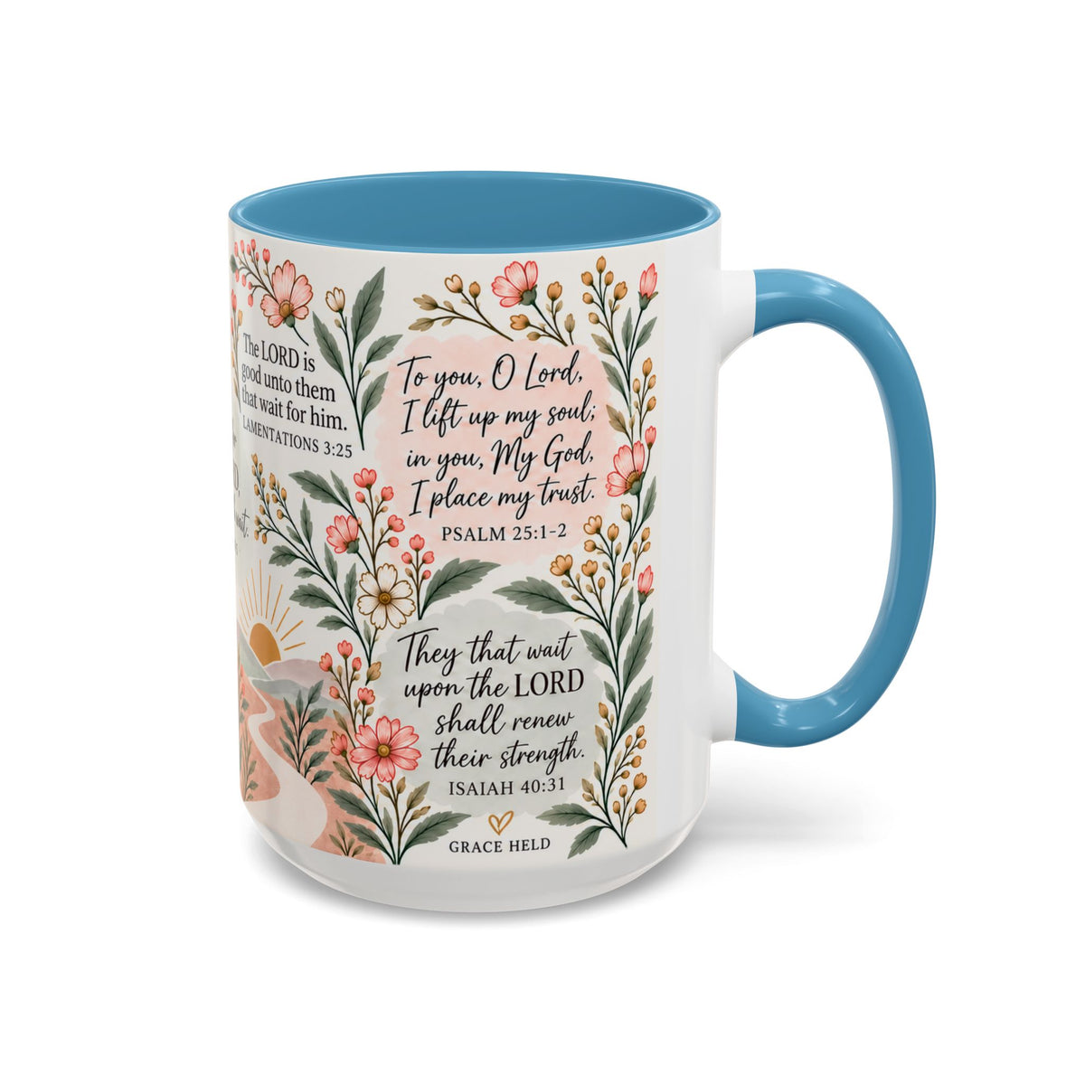 Wait on the Lord floral mug in light blue, side with Psalm 25:1-2 and Isaiah 40:31
