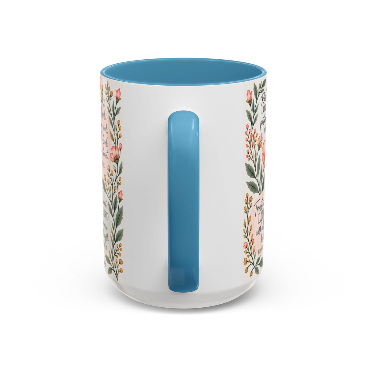 Wait on the Lord floral mug in light blue, view of the handle