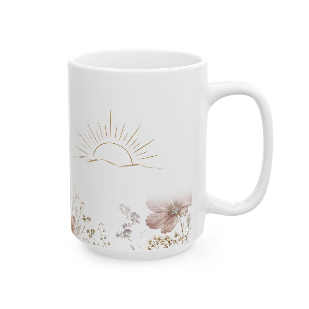 I Wait for the Lord Psalm 130:5 floral mug, handle on the right, showing the sunrise and wildflowers