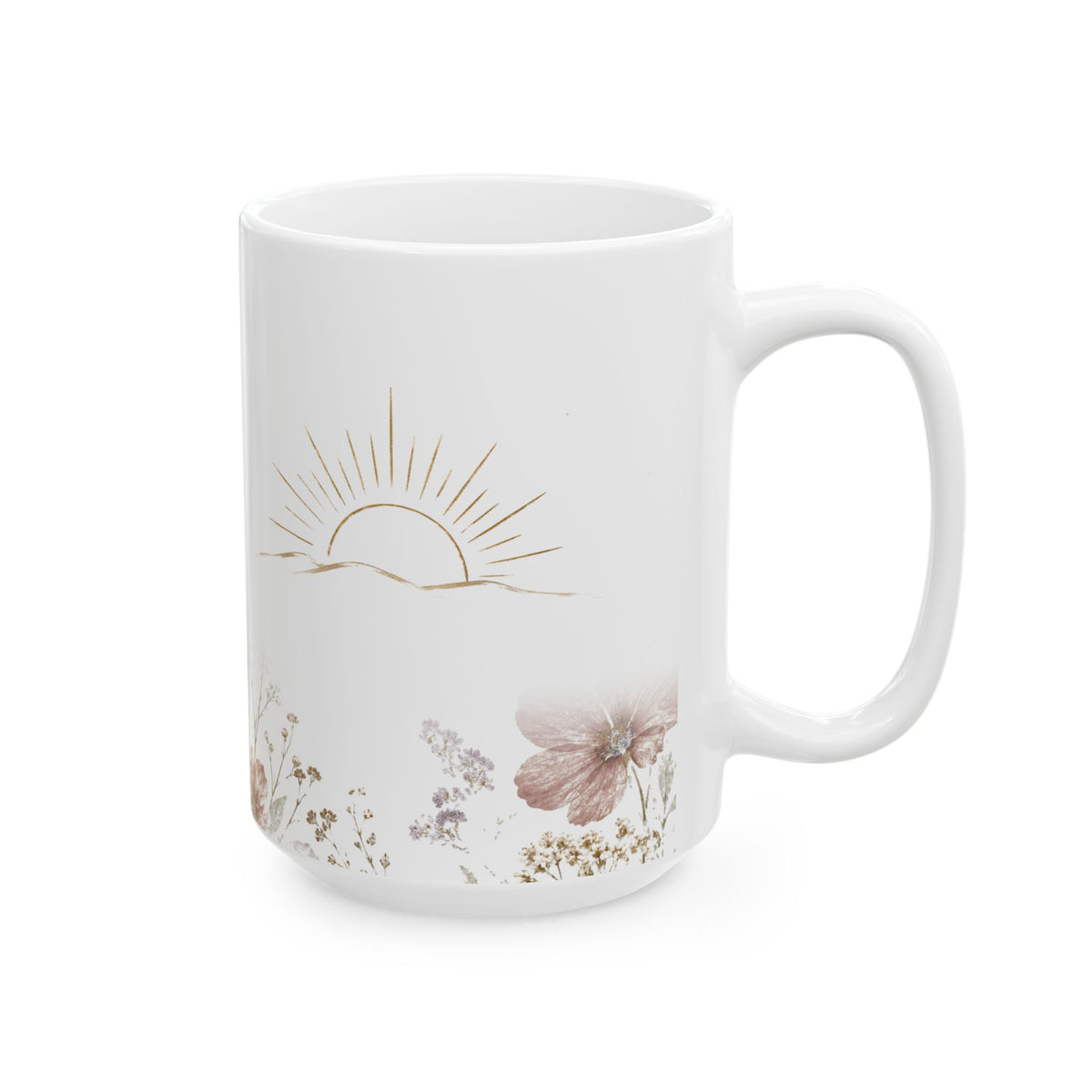 I Wait for the Lord Psalm 130:5 floral mug, handle on the right, showing the sunrise and wildflowers
