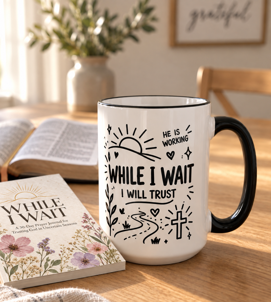 While I Wait, I Will Trust mug beside the While I Wait journal and an open Bible
