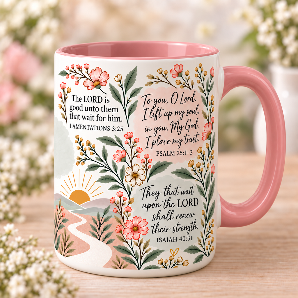 Wait on the Lord floral mug in pink, back side with Lamentations 3:25, Psalm 25:1-2 and Isaiah 40:31