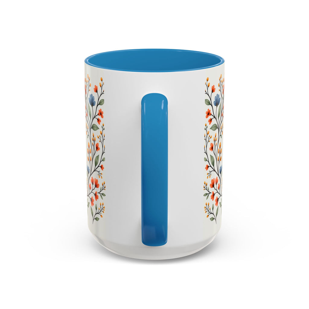 Psalm 5:3 floral morning prayer mug, view of the blue handle