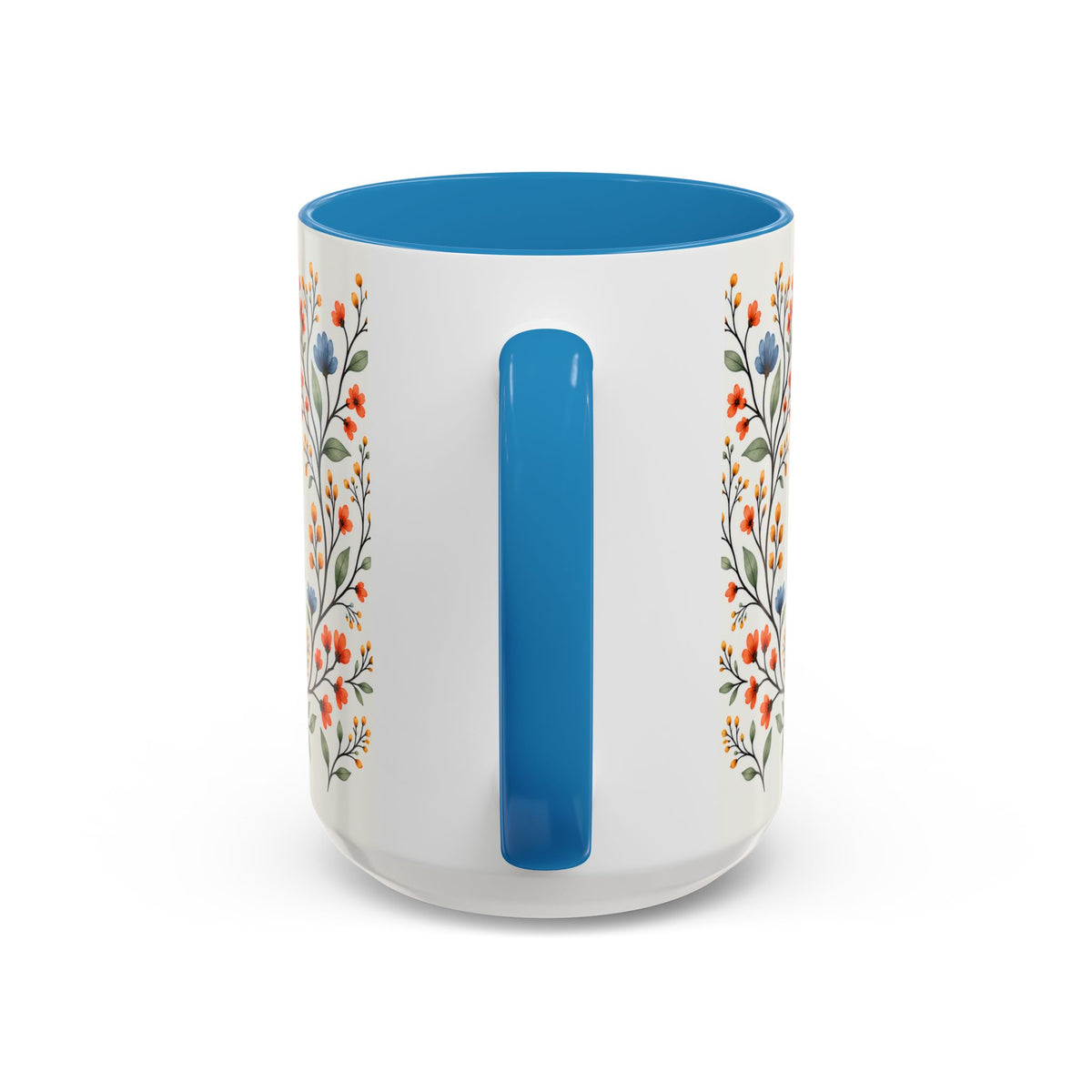 Psalm 5:3 floral morning prayer mug, view of the blue handle