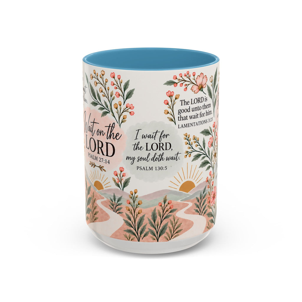 Wait on the Lord floral mug in light blue, Psalm 130:5 side