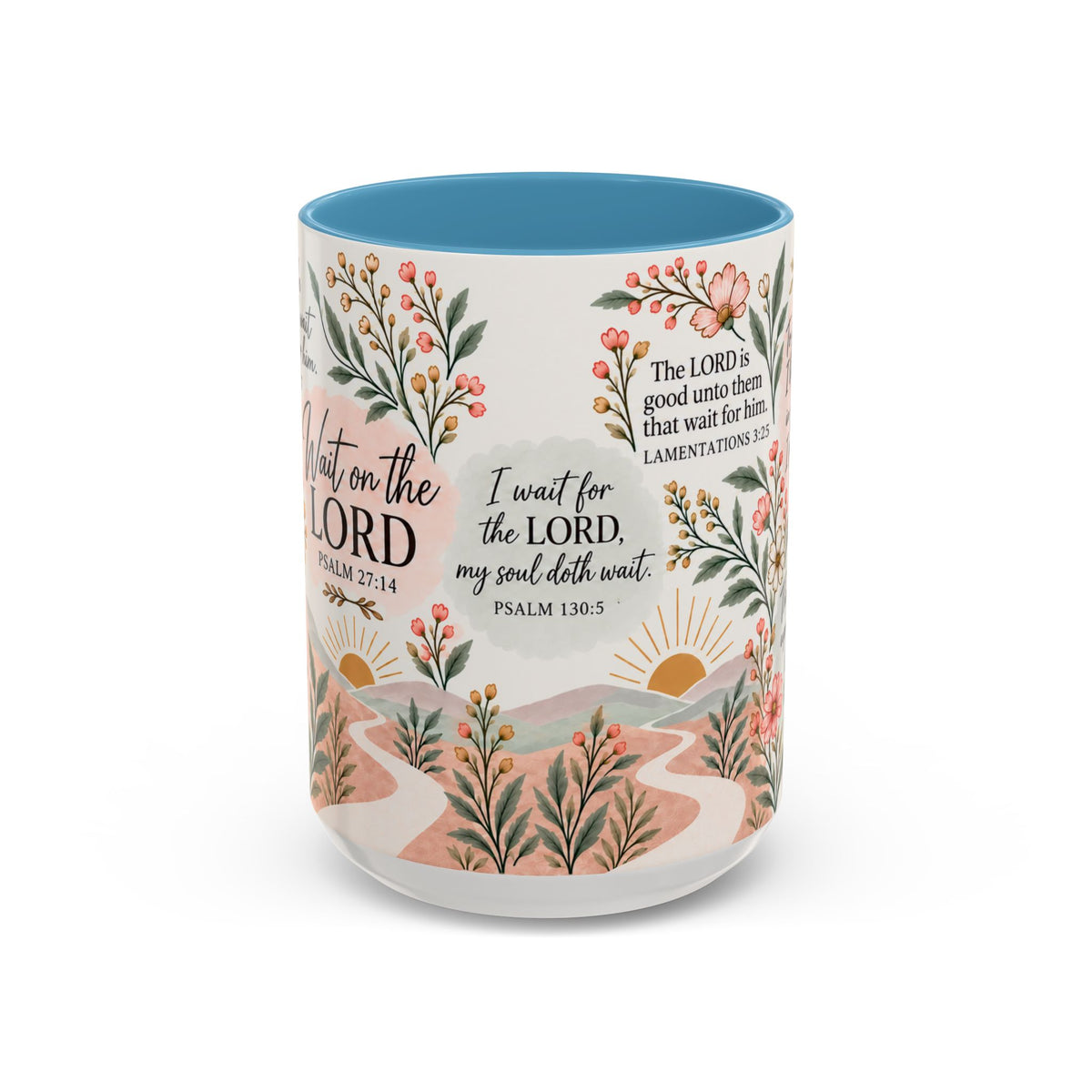 Wait on the Lord floral mug in light blue, Psalm 130:5 side