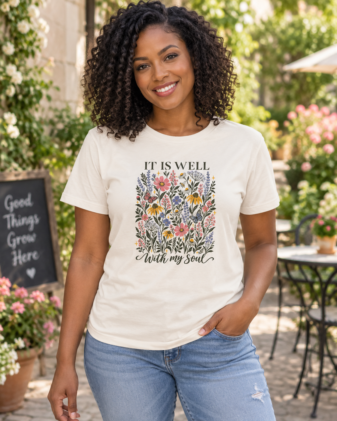 Woman wearing the It Is Well With My Soul floral tee in a garden