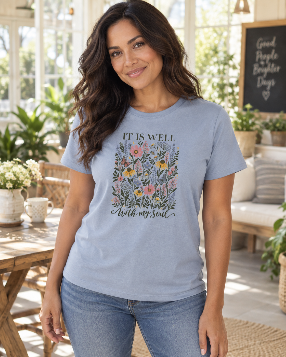 Woman wearing the Vintage Denim It Is Well With My Soul floral tee