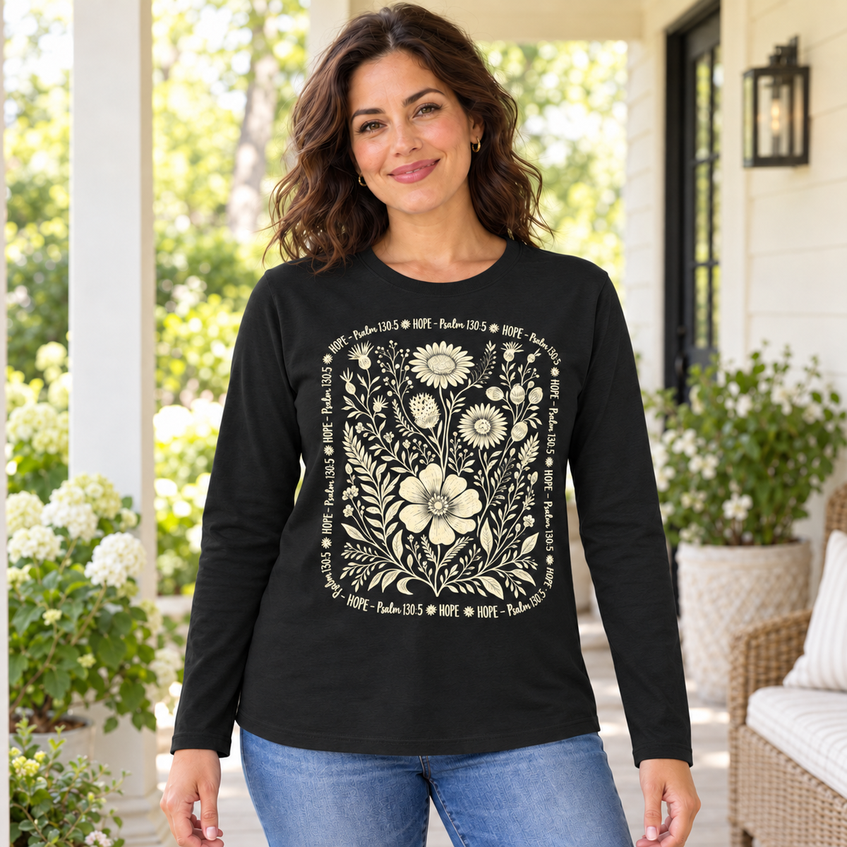 Woman wearing the Jet Black Hope Psalm 130:5 floral long sleeve tee