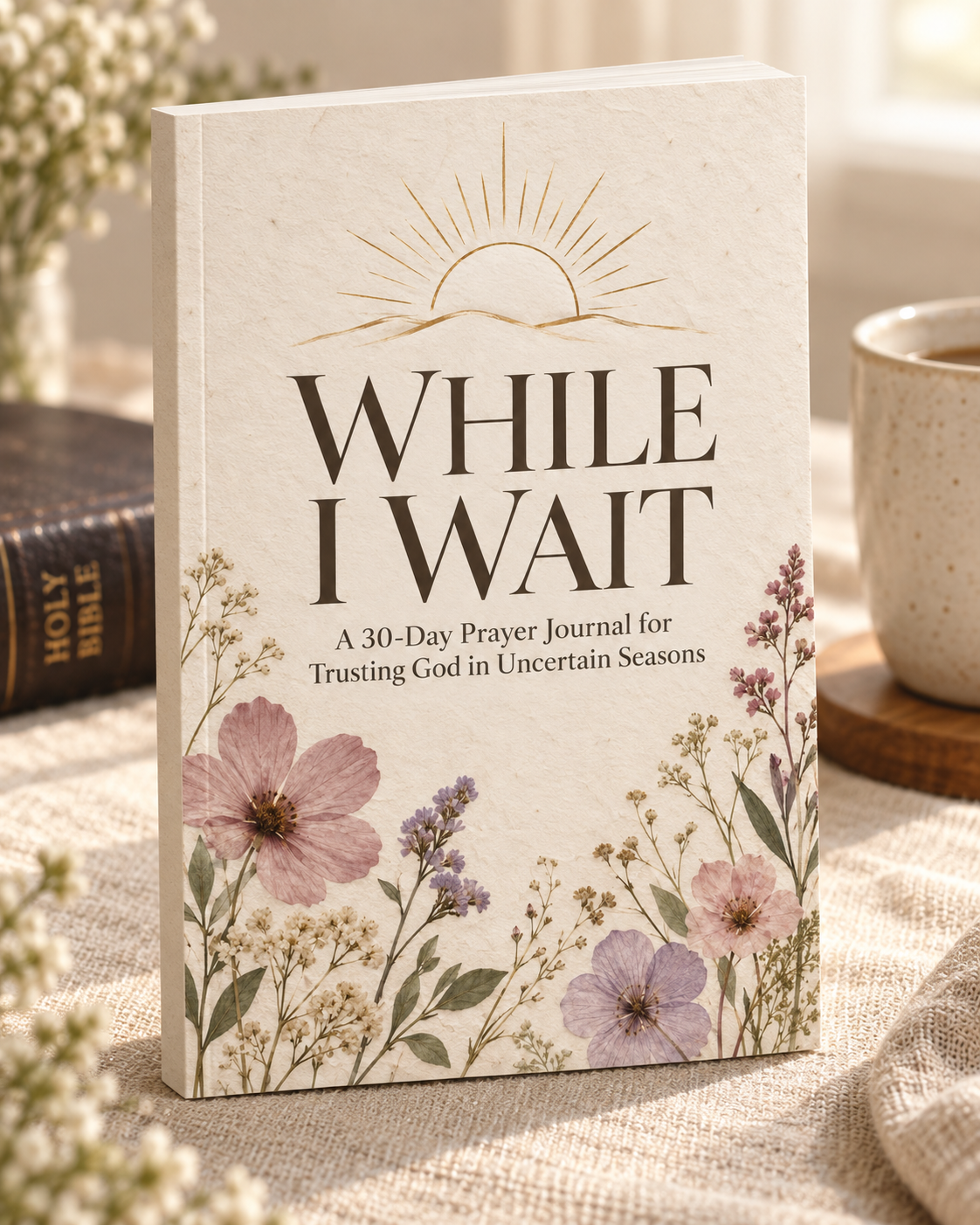 While I Wait paperback prayer journal with wildflower cover on a cozy table