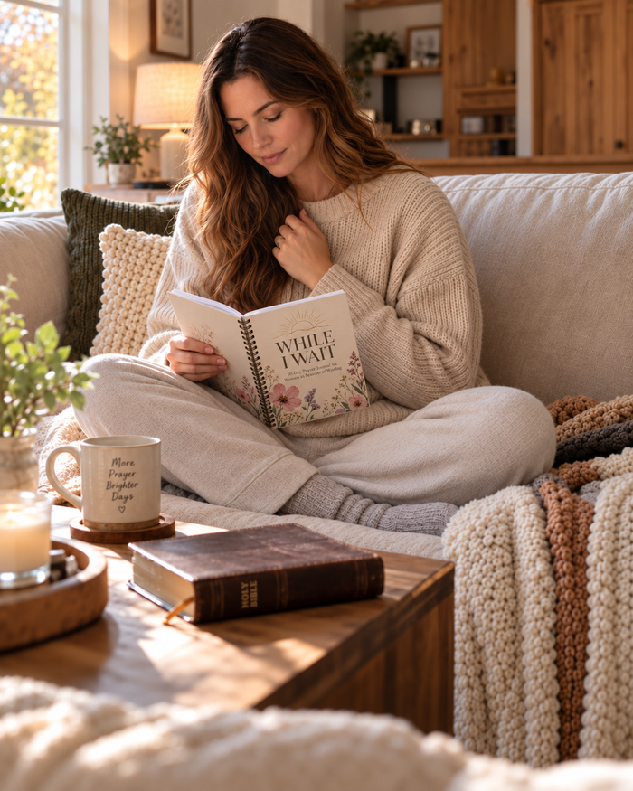 A woman curled up on the couch reading the While I Wait spiral-bound prayer journal