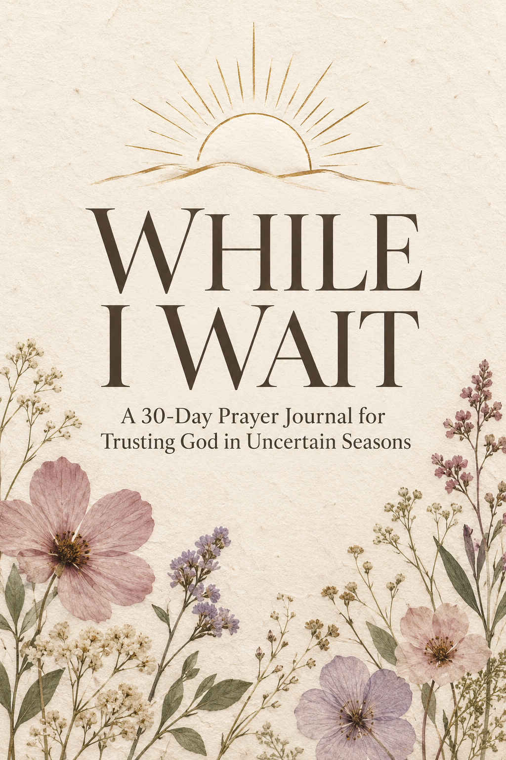 New While I Wait cover design — pressed wildflowers with a gold rising-sun illustration on cream textured paper