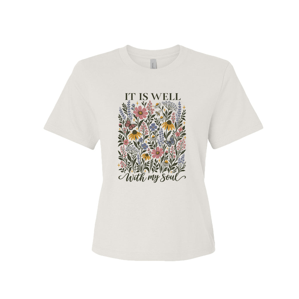 It Is Well With My Soul floral tee in Vintage White, front view