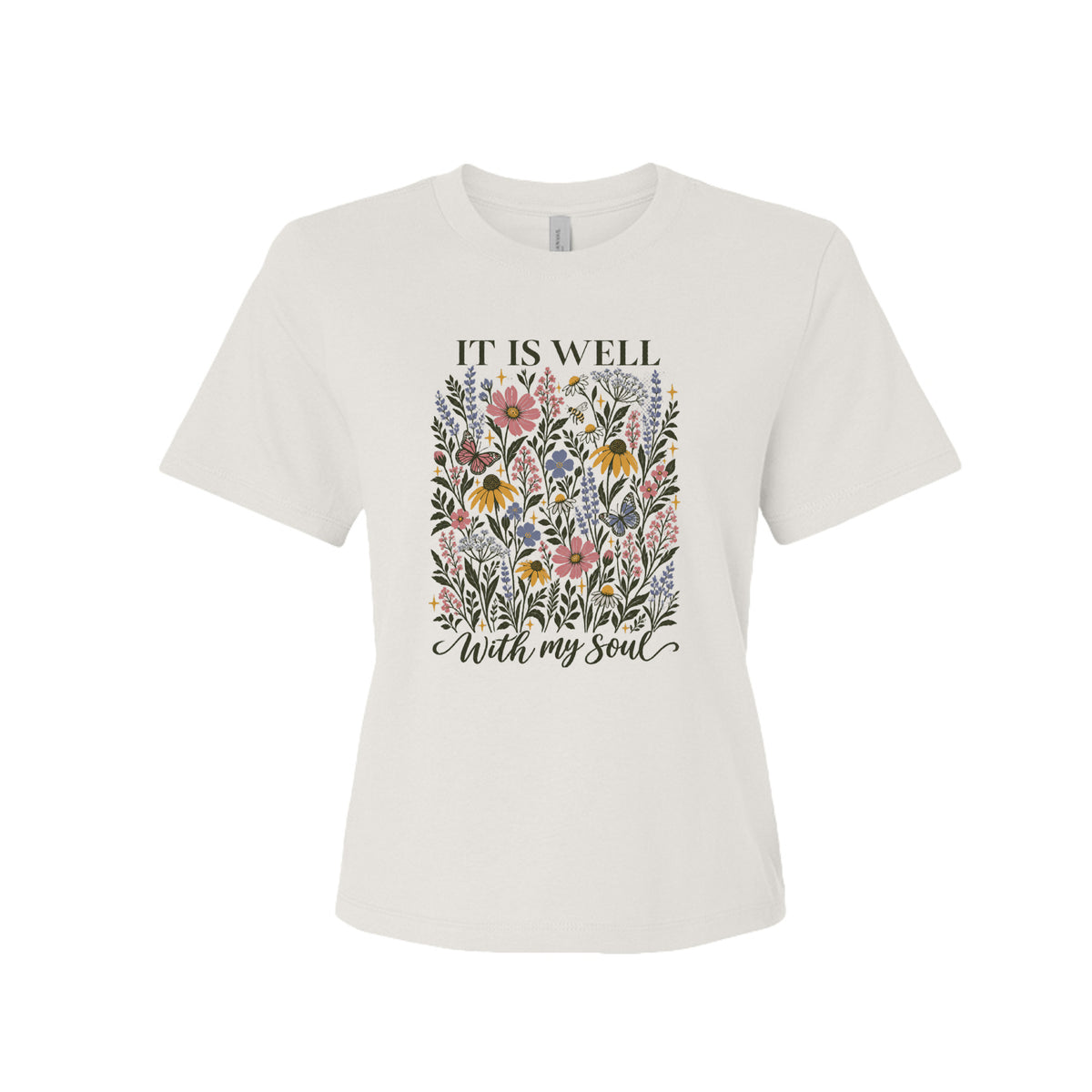 It Is Well With My Soul floral tee in Vintage White, front view