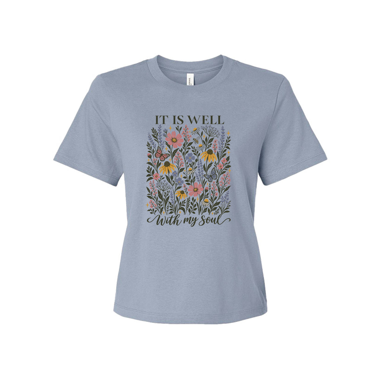 It Is Well With My Soul floral tee in Vintage Denim, front view