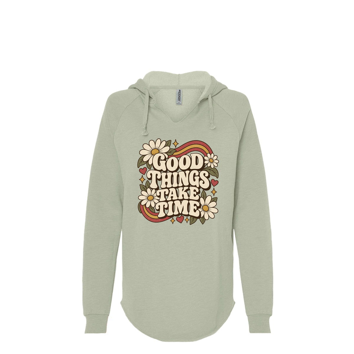 Good Things Take Time wave wash hoodie in Sage, front view