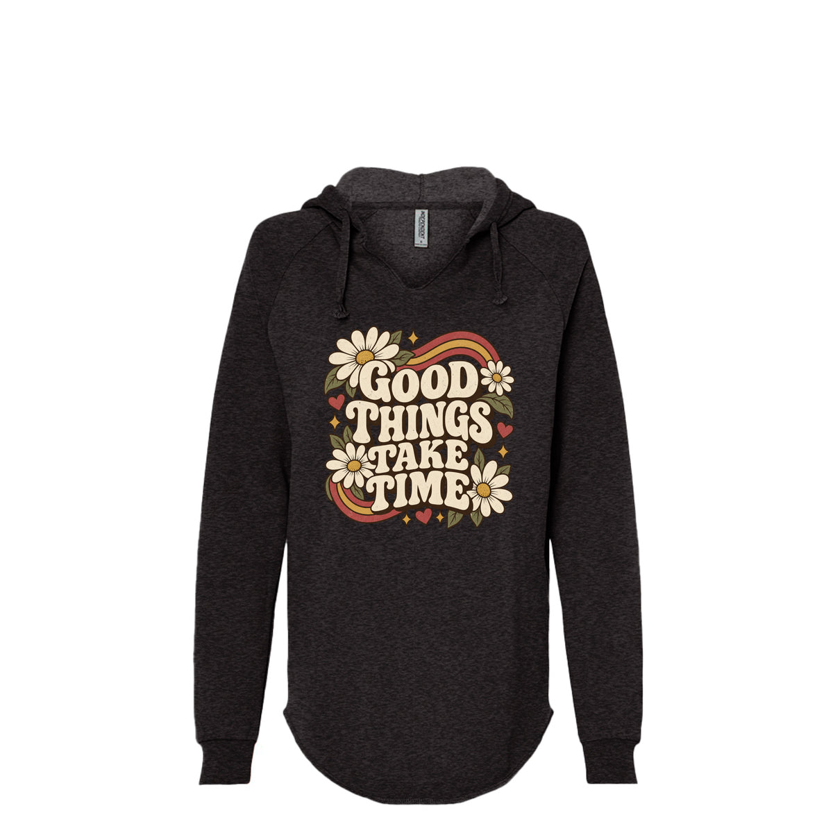 Good Things Take Time wave wash hoodie in Shadow, front view
