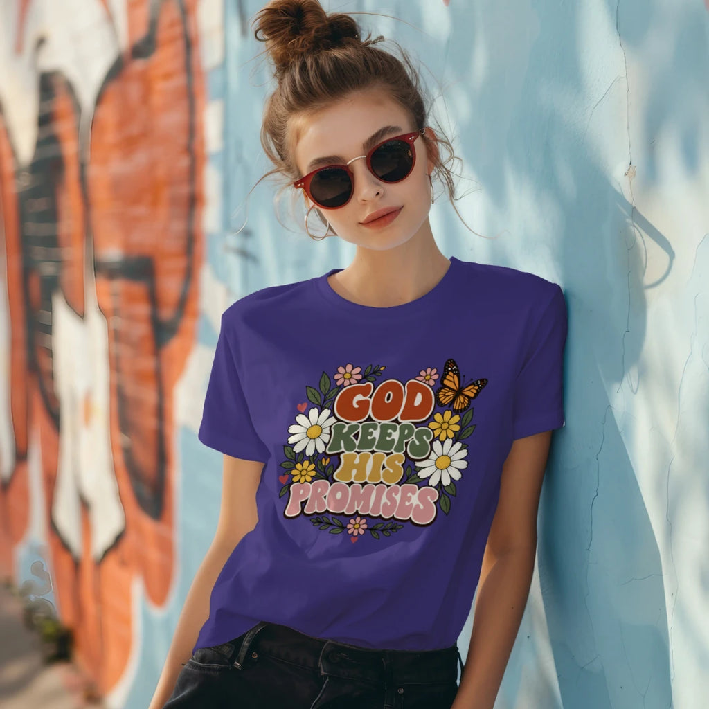 Woman in sunglasses wearing the Purple God Keeps His Promises tee