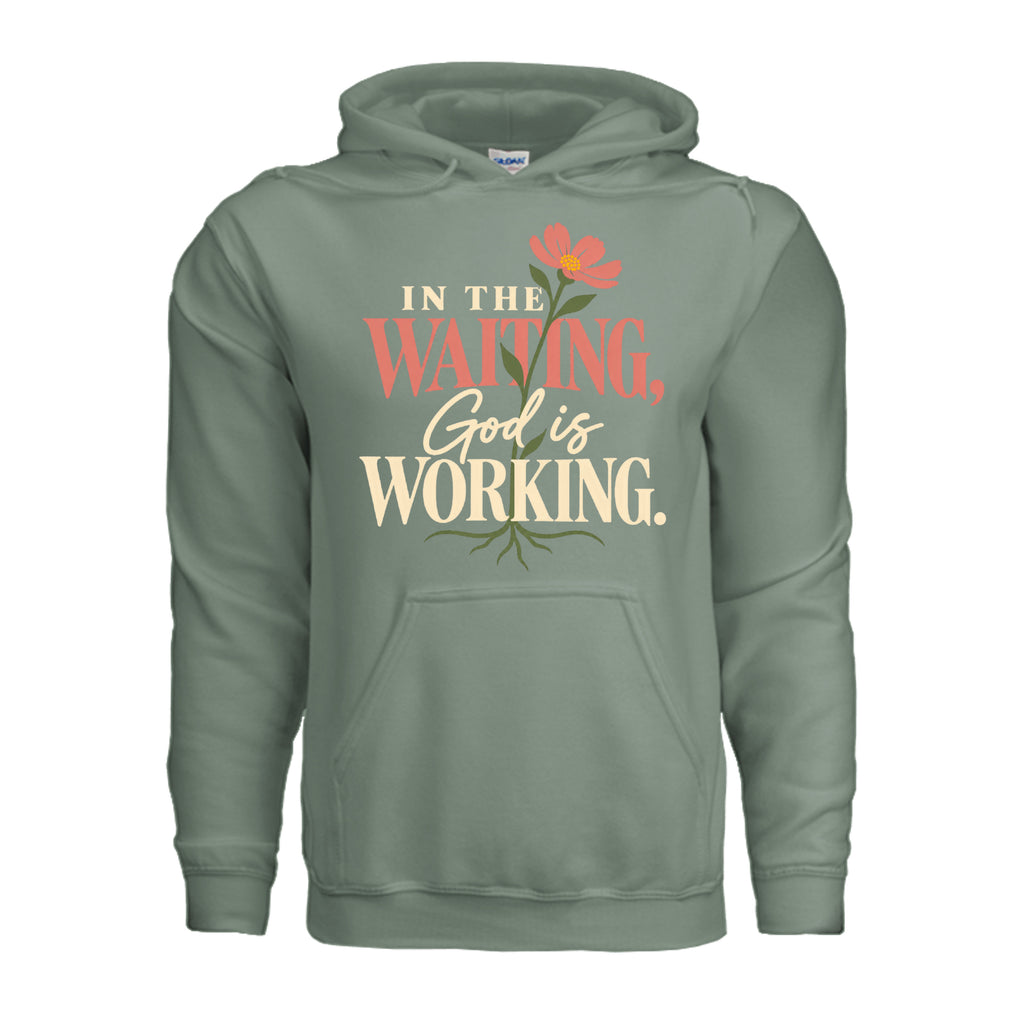 In the Waiting, God Is Working hoodie in Sage, front view