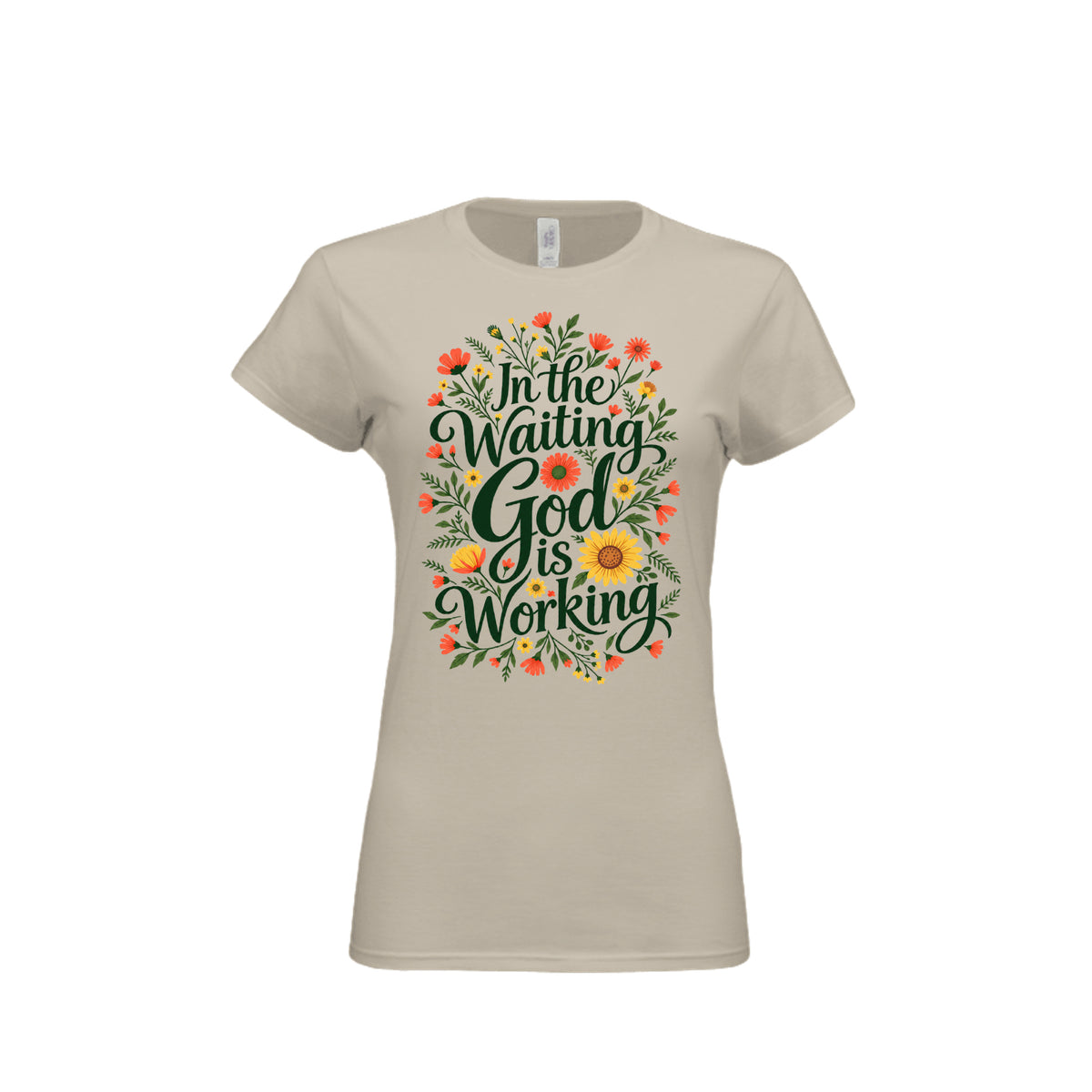 In the Waiting, God Is Working tee in Sand, front view
