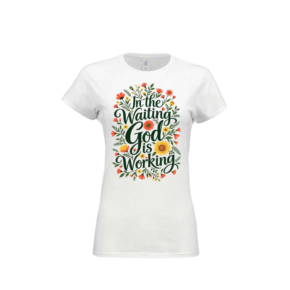 In the Waiting, God Is Working tee in White, front view