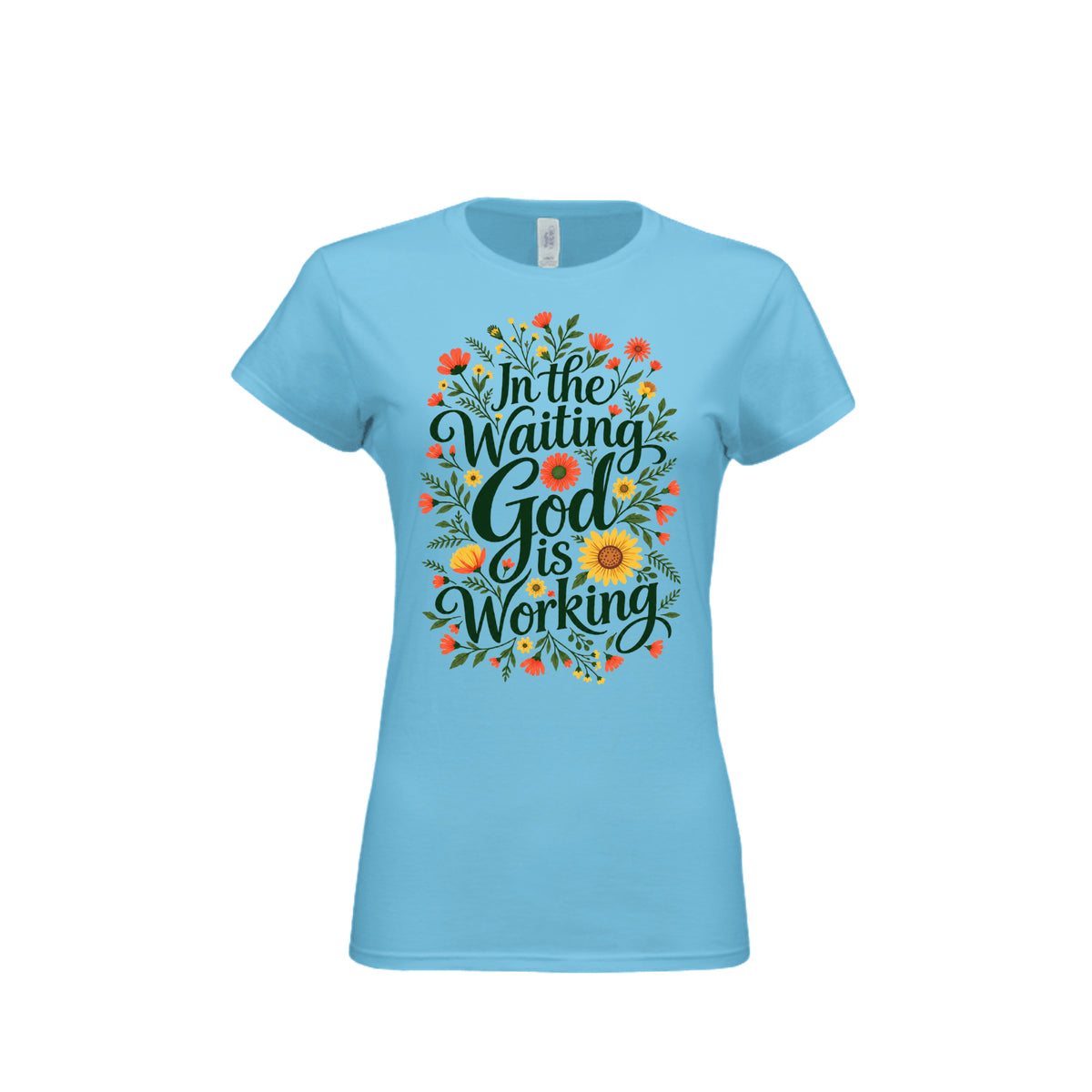 In the Waiting, God Is Working tee in Sky, front view