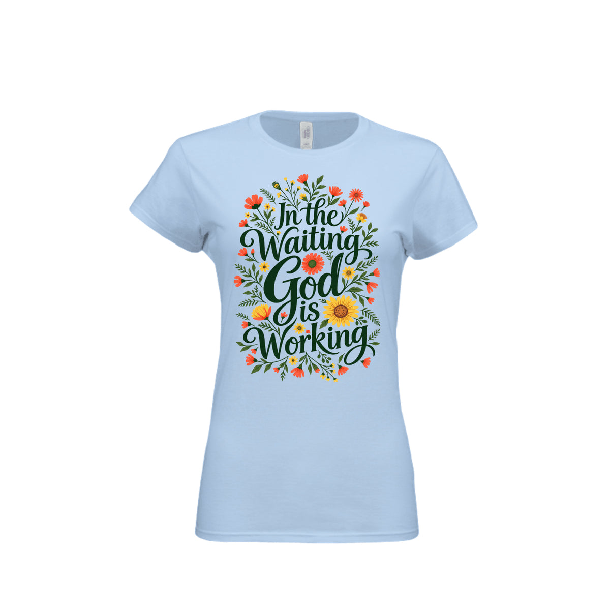 In the Waiting, God Is Working tee in Light Blue, front view
