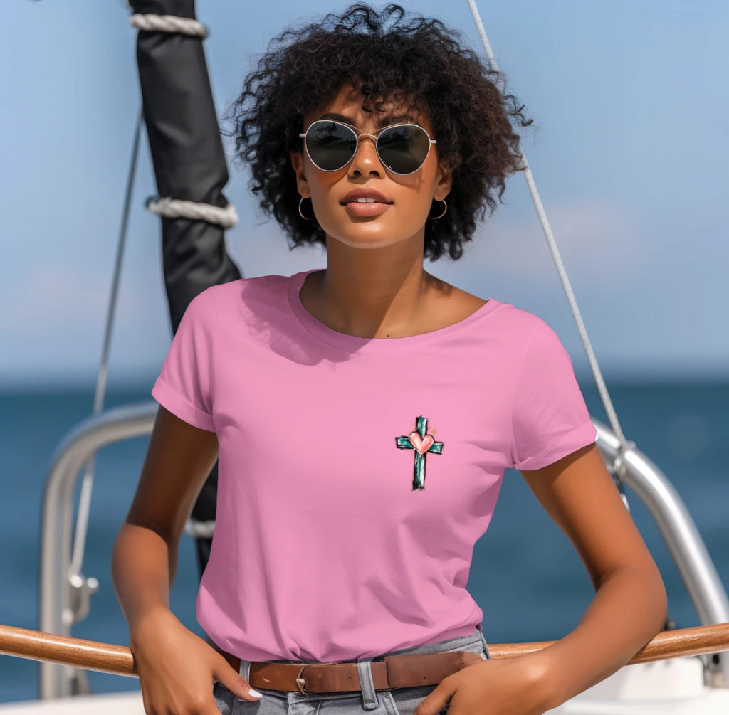 Woman in sunglasses wearing the Azalea Look Back & Thank God tee with small front cross