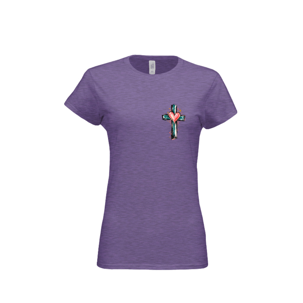 Look Back & Thank God, Look Forward & Trust God tee in Heather Purple, front with small cross