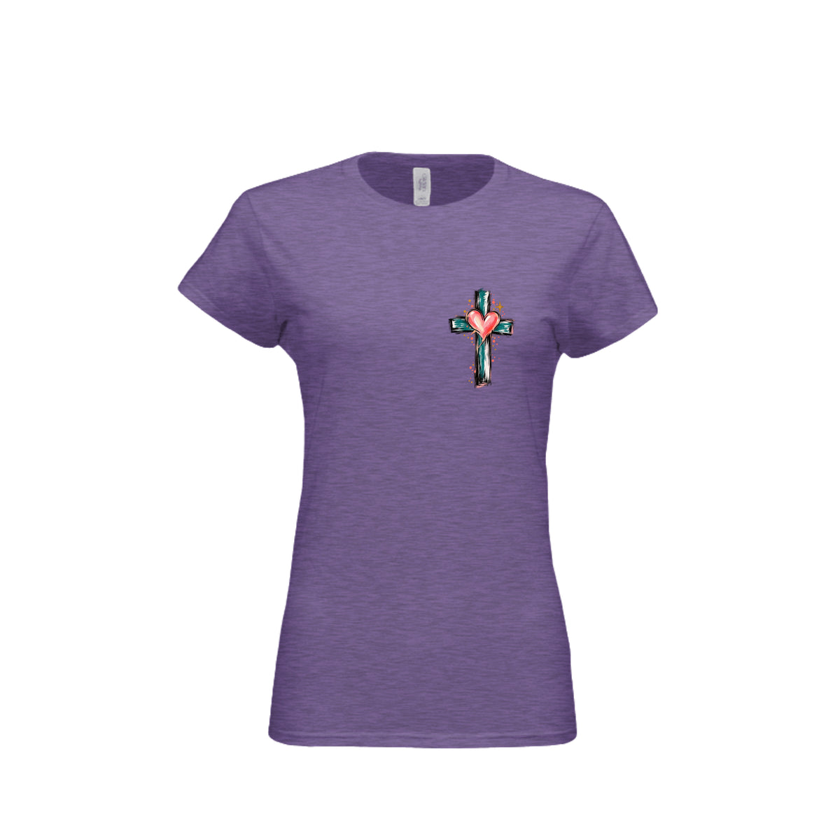 Look Back & Thank God, Look Forward & Trust God tee in Heather Purple, front with small cross