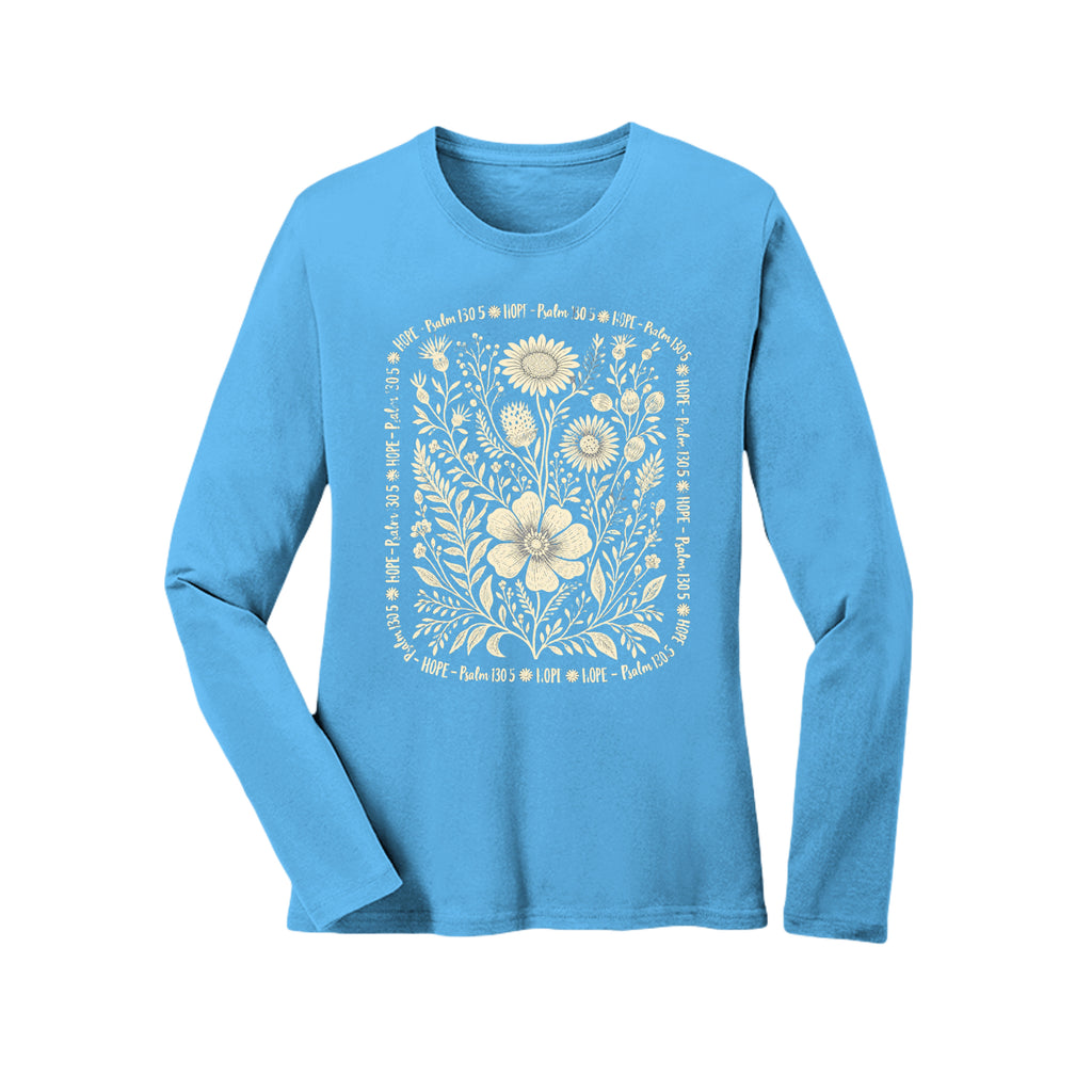 Hope Psalm 130:5 floral long sleeve tee in Aquatic Blue, front view