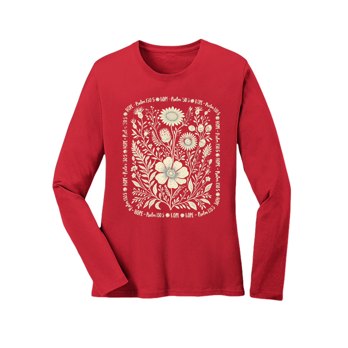 Hope Psalm 130:5 floral long sleeve tee in Red, front view