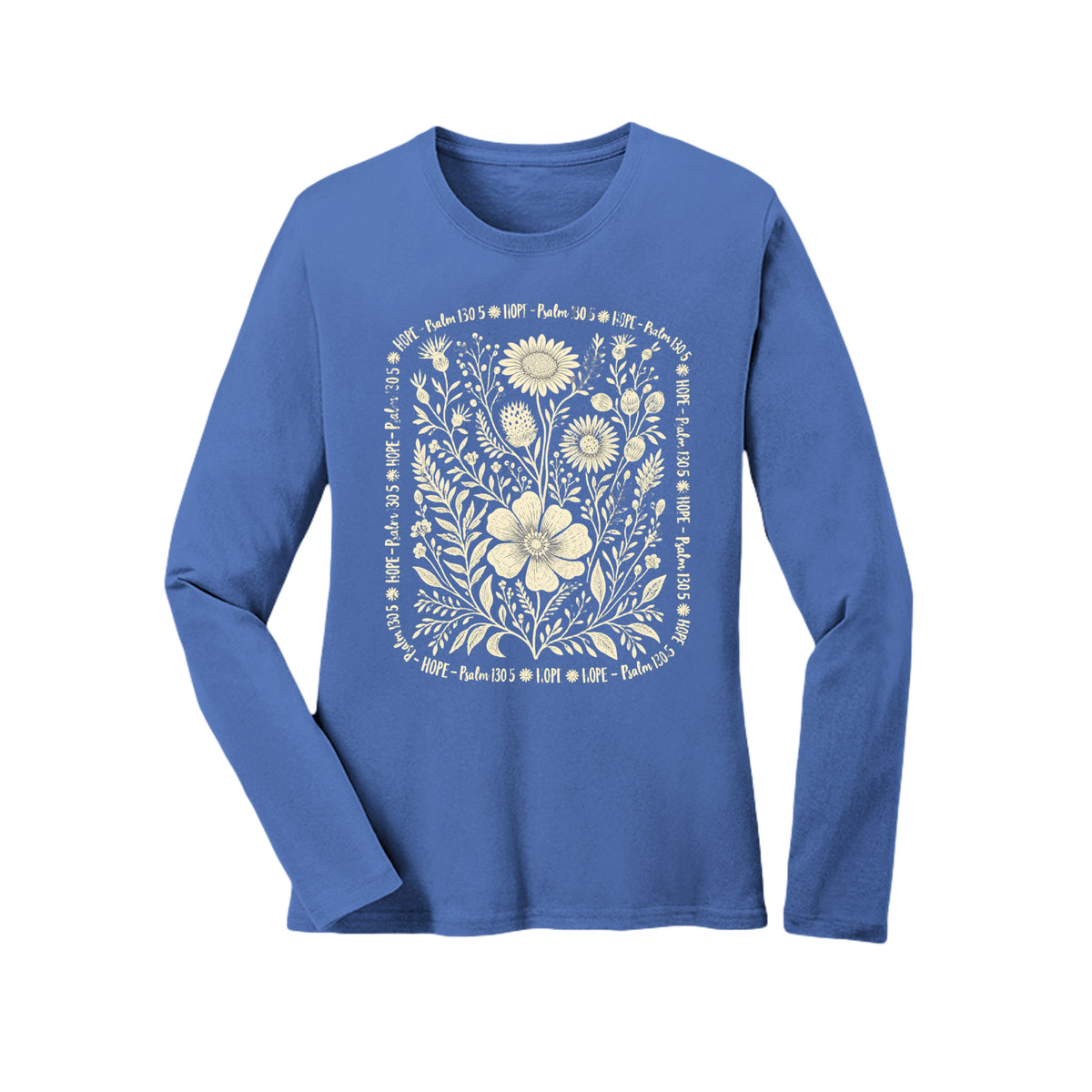 Hope Psalm 130:5 floral long sleeve tee in Royal, front view