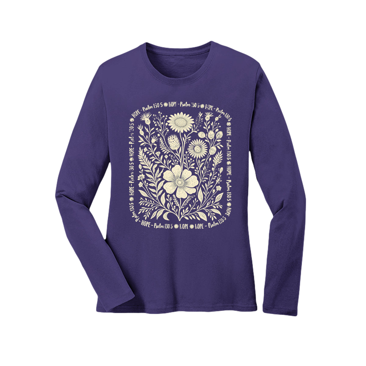 Hope Psalm 130:5 floral long sleeve tee in Purple, front view