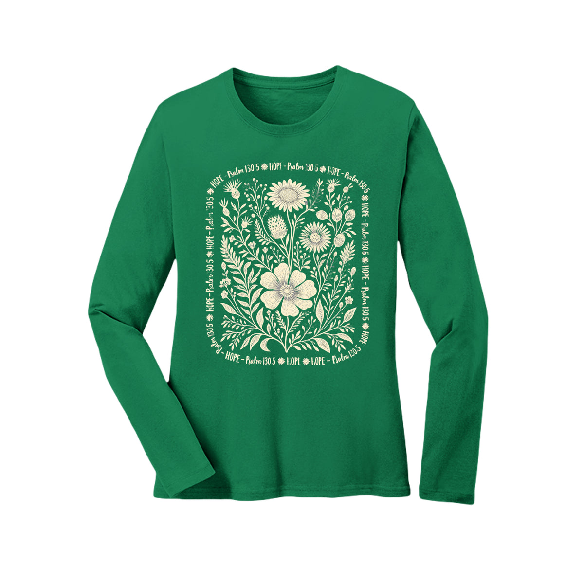 Hope Psalm 130:5 floral long sleeve tee in Kelly, front view