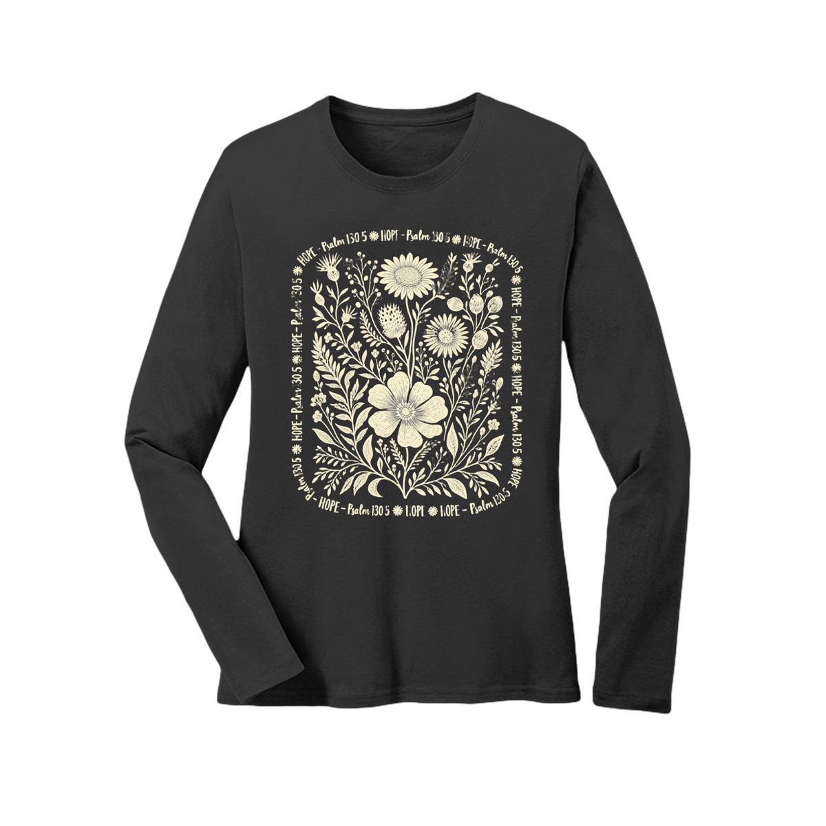 Hope Psalm 130:5 floral long sleeve tee in Jet Black, front view