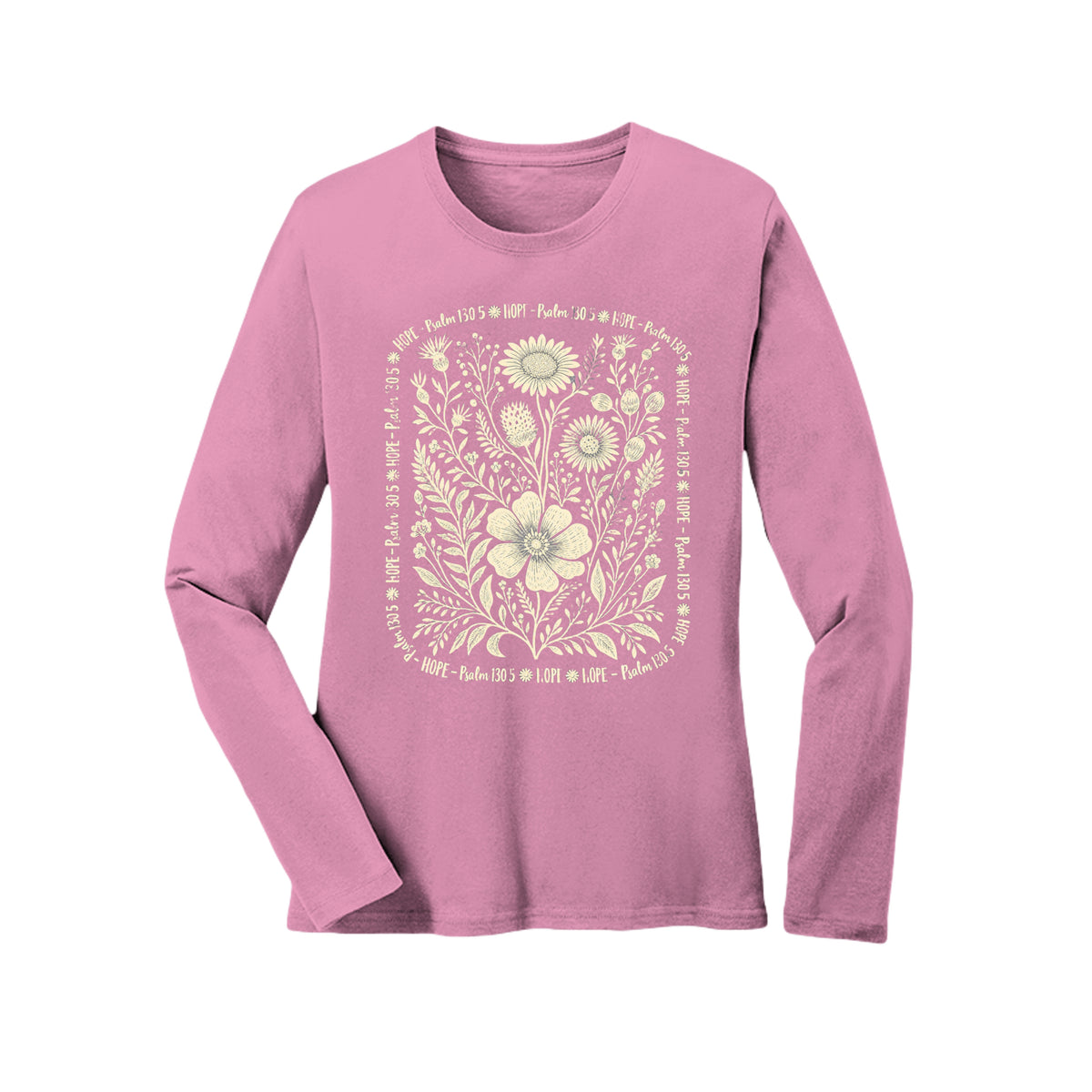 Hope Psalm 130:5 floral long sleeve tee in Candy Pink, front view