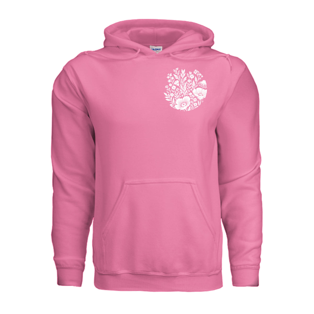 In the Waiting, God Is Working floral hoodie in Pink Lemonade, front view with small wildflower chest emblem
