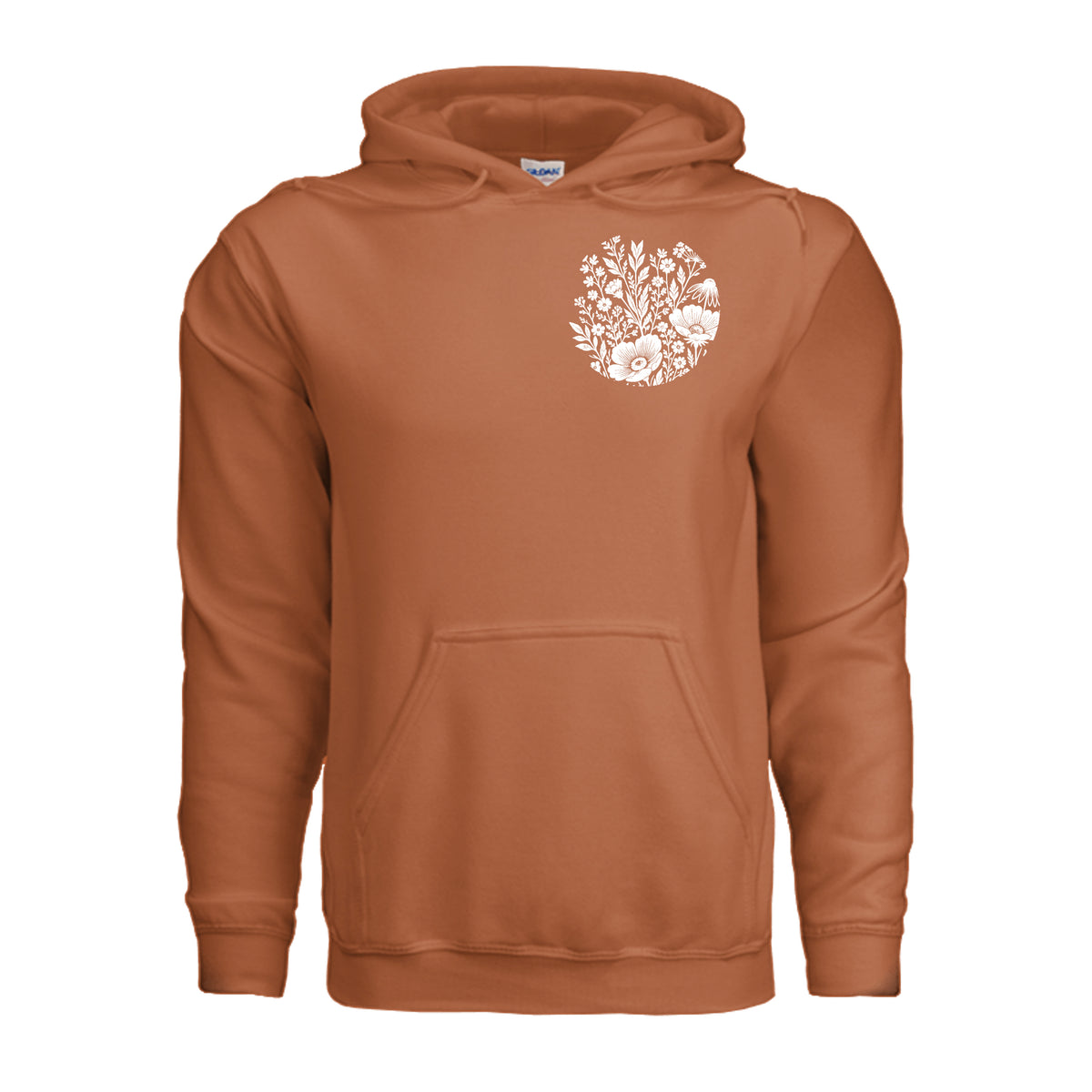 In the Waiting, God Is Working floral hoodie in Texas Orange, front view with small wildflower chest emblem
