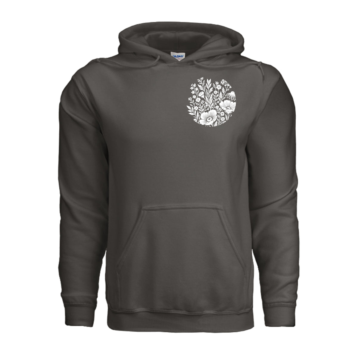 In the Waiting, God Is Working floral hoodie in Smoke, front view with small wildflower chest emblem