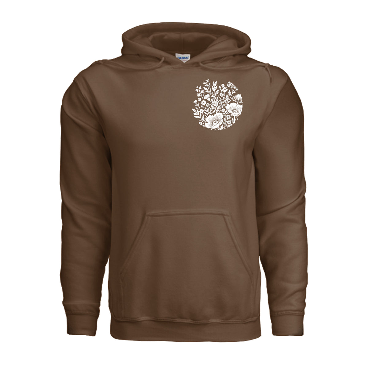 In the Waiting, God Is Working floral hoodie in Cocoa, front view with small wildflower chest emblem
