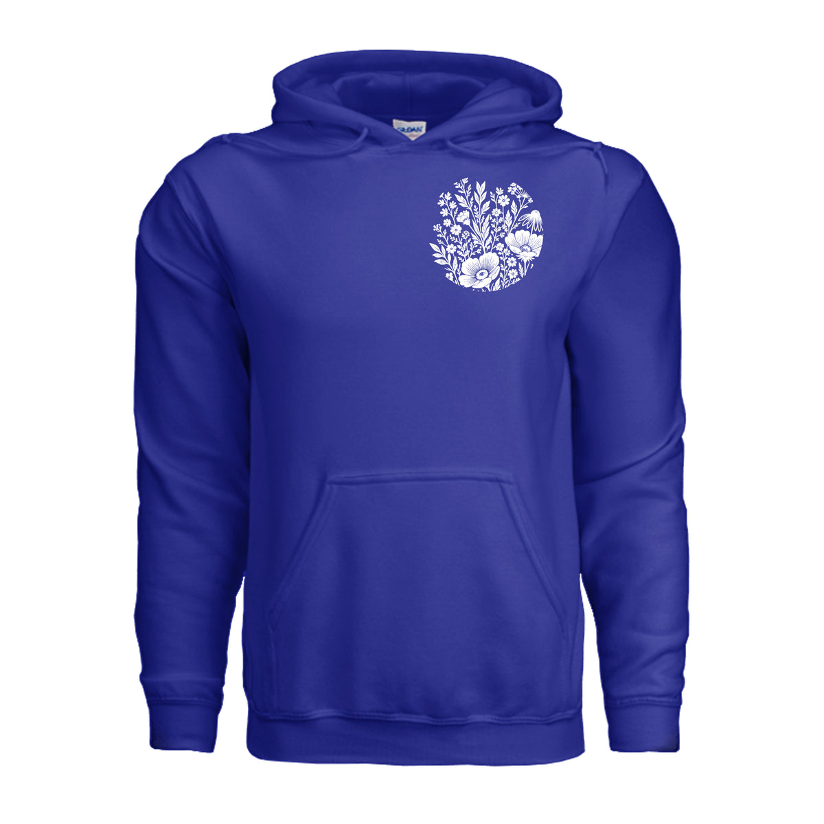 In the Waiting, God Is Working floral hoodie in Cobalt, front view with small wildflower chest emblem