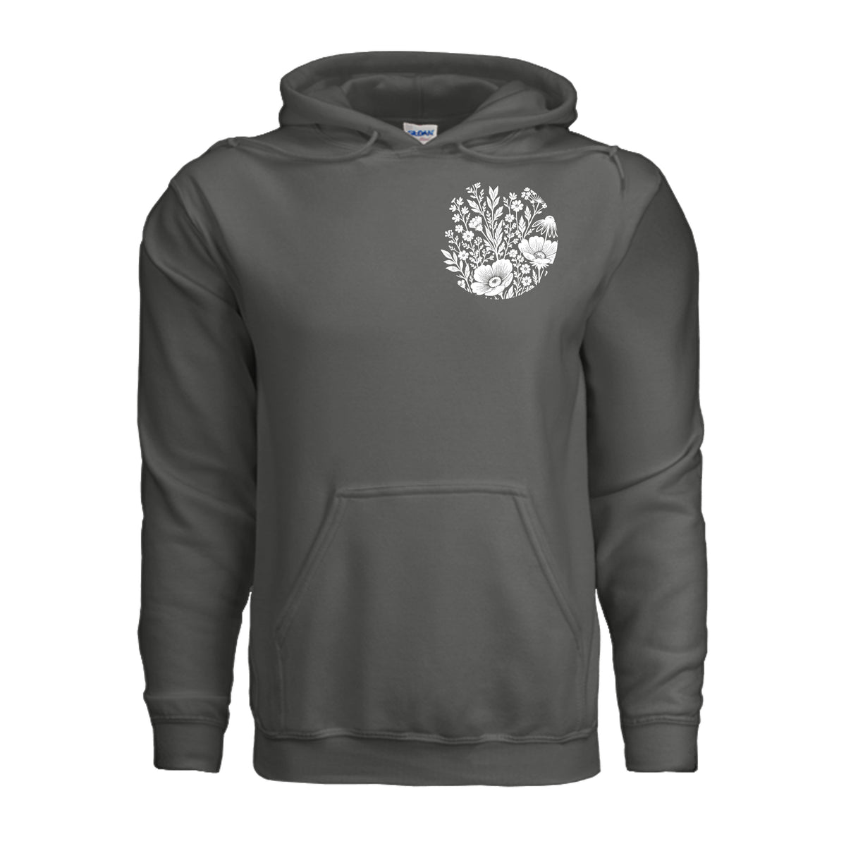 In the Waiting, God Is Working floral hoodie in Charcoal, front view with small wildflower chest emblem
