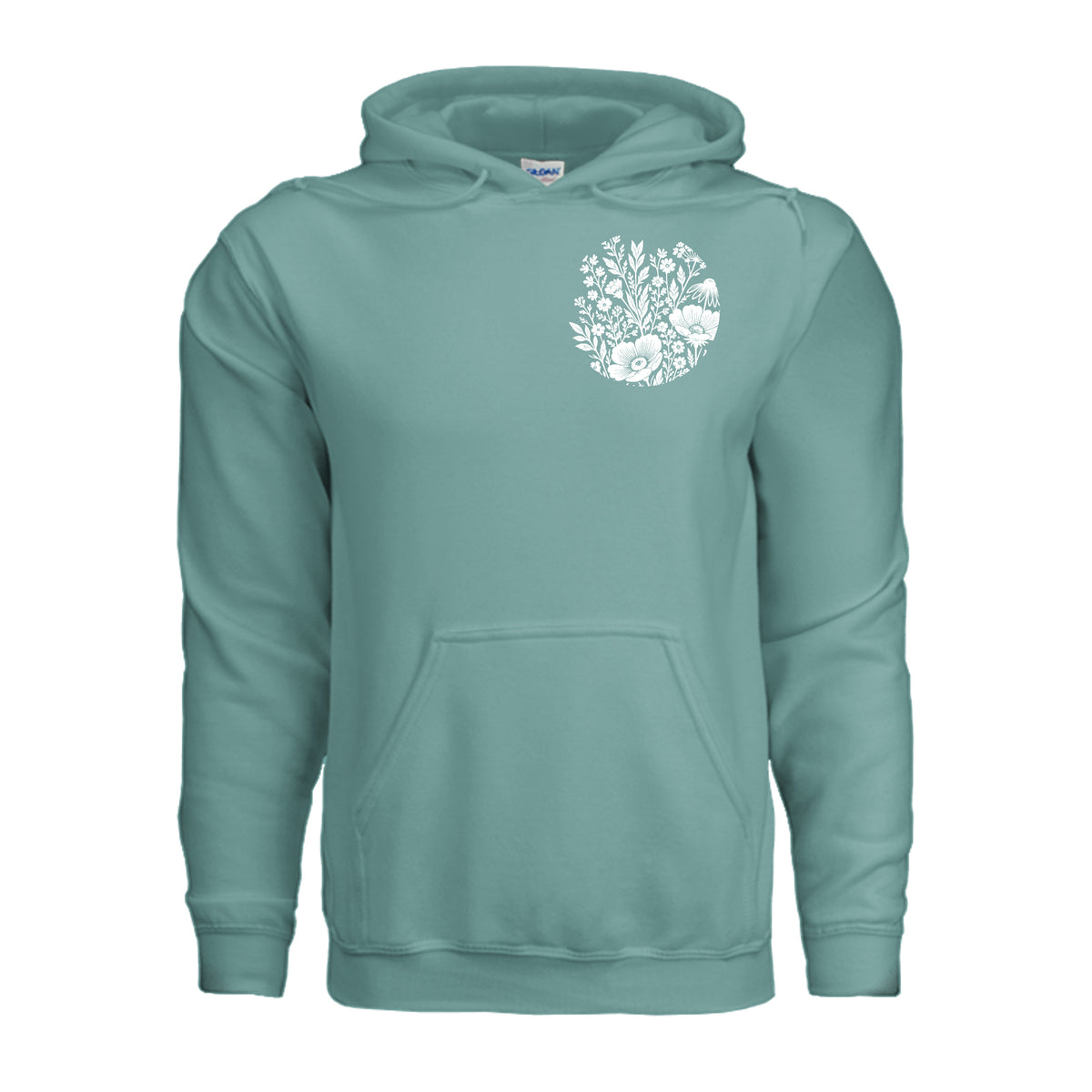 In the Waiting, God Is Working floral hoodie in Aquatic, front view with small wildflower chest emblem