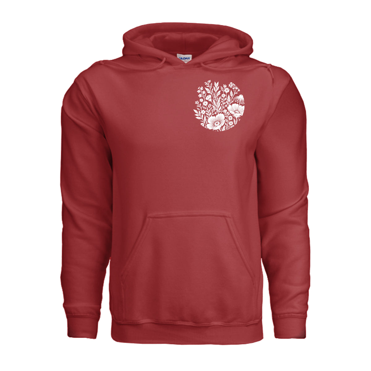 In the Waiting, God Is Working floral hoodie in Red, front view with small wildflower chest emblem