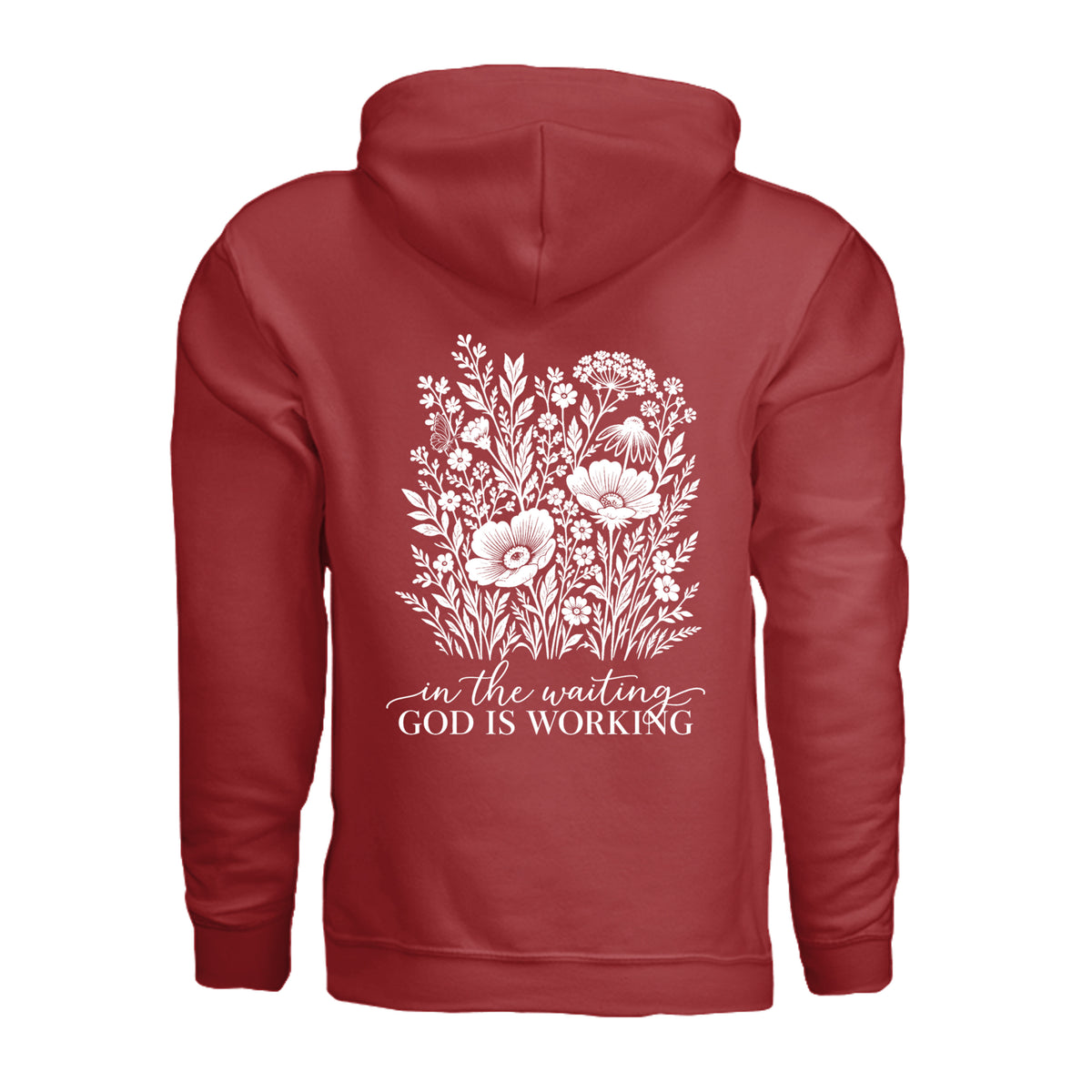 In the Waiting, God Is Working floral hoodie in Red, back view with the full wildflower and message design